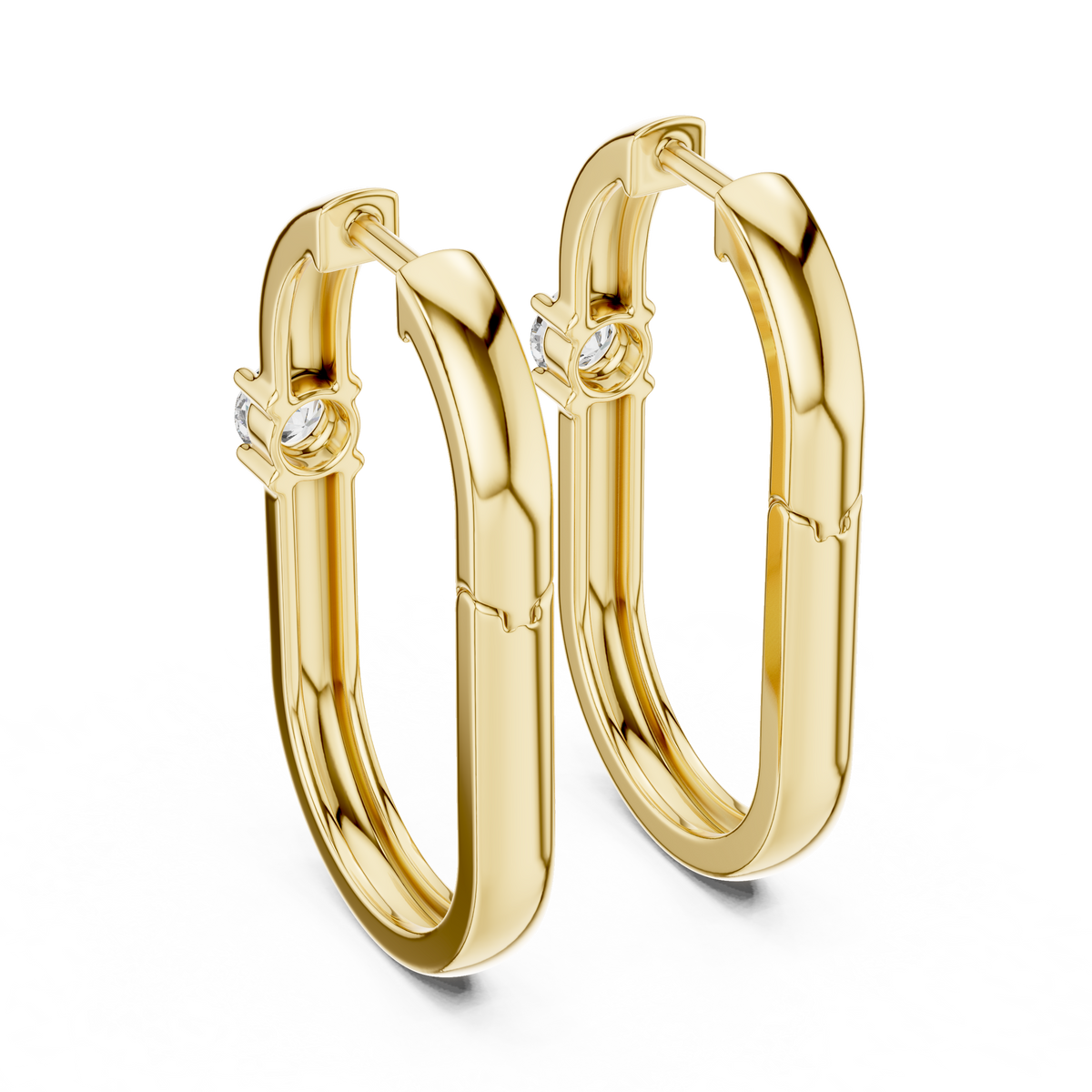 square geometric diamond solitaire huggie hoop earrings  rectangular or square profile. a single round brilliant-cut solitaire diamond