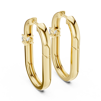 square geometric diamond solitaire huggie hoop earrings  rectangular or square profile. A single round brilliant-cut solitaire diamond