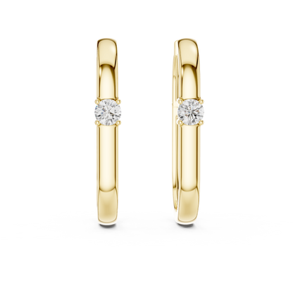 square geometric diamond solitaire huggie hoop earrings  rectangular or square profile. A single round brilliant-cut solitaire diamond