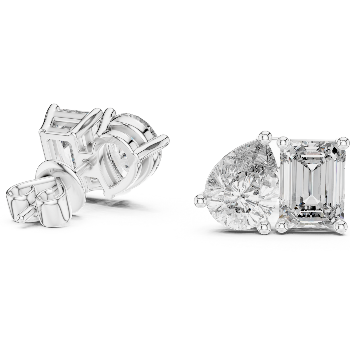 "toi et moi" style diamond stud earrings emerald diamond pear diamond
