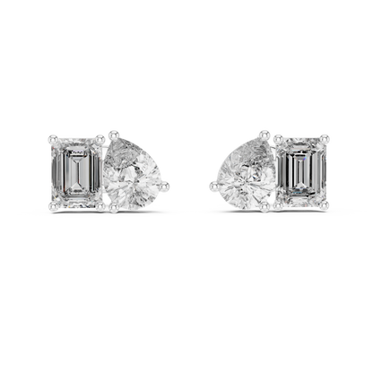 "Toi et Moi" style diamond stud earrings emerald diamond pear diamond