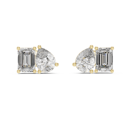"Toi et Moi" style diamond stud earrings emerald diamond pear diamond