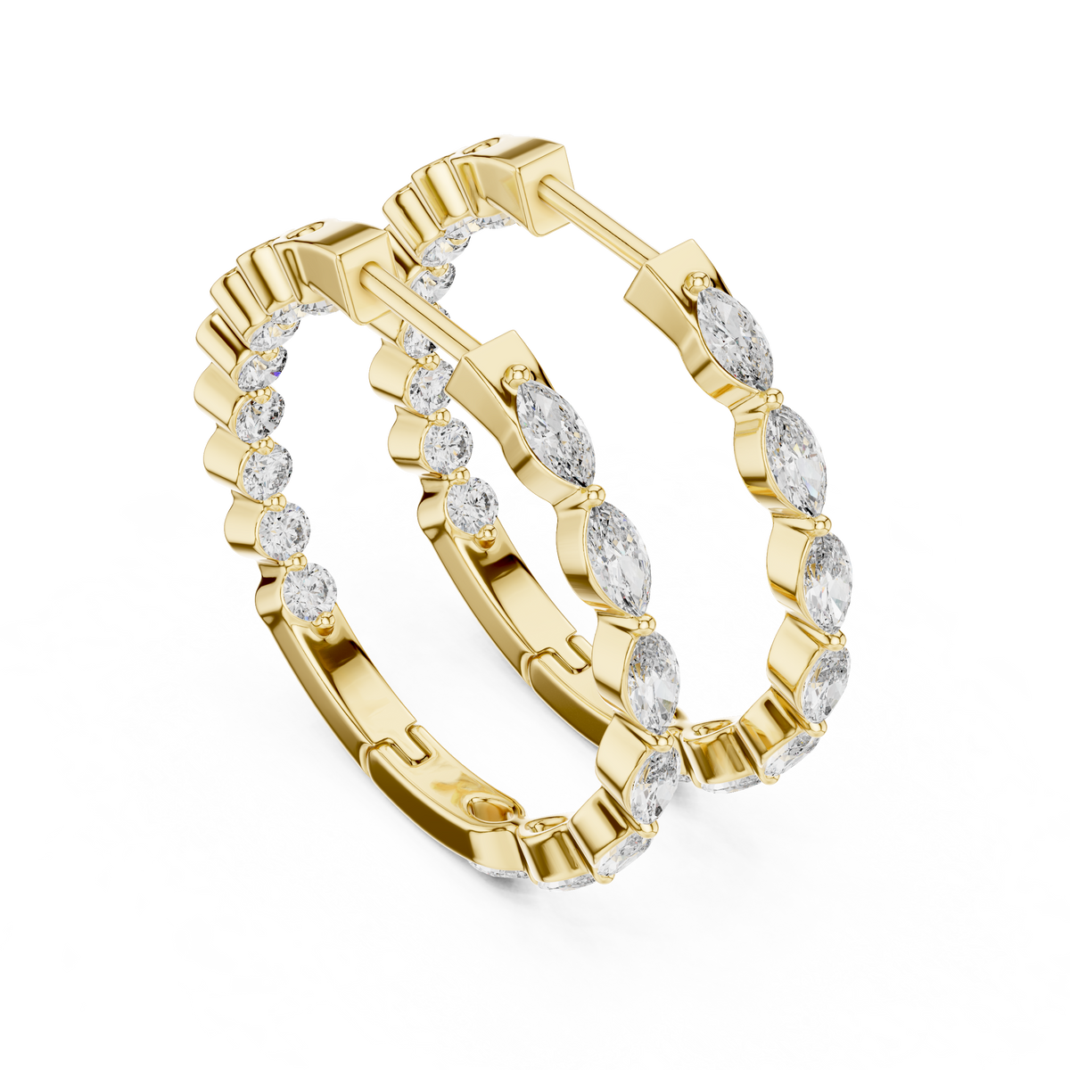 marquise-cut diamond inside-out hoop earrings step-tapered marquise diamonds aligned tip-to-tip