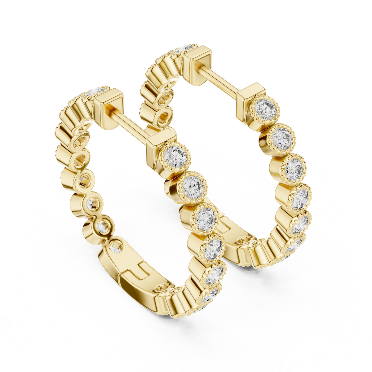 vintage-style round bezel-set diamond inside-out hoop earrings.  each hoop features a continuous line of individually bezel-set round brilliant-cut diamonds outlined with delicate milgrain beaded trim.
