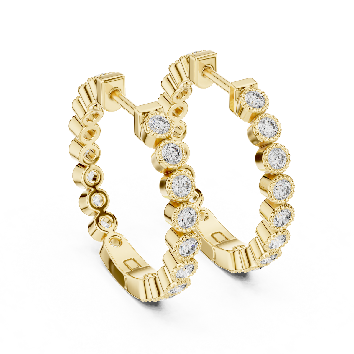 vintage-style round bezel-set diamond inside-out hoop earrings.  each hoop features a continuous line of individually bezel-set round brilliant-cut diamonds outlined with delicate milgrain beaded trim.