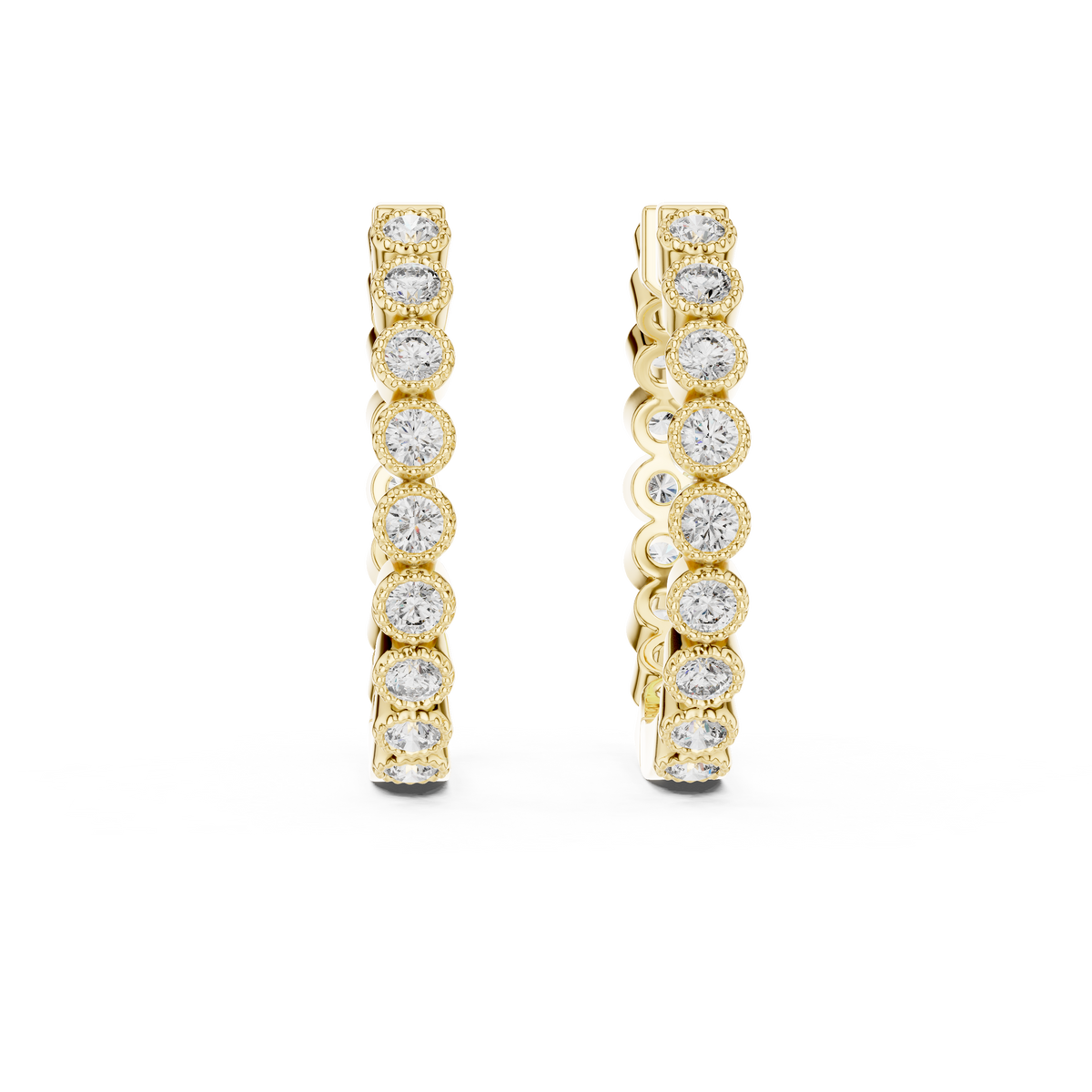 vintage-style round bezel-set diamond inside-out hoop earrings.  each hoop features a continuous line of individually bezel-set round brilliant-cut diamonds outlined with delicate milgrain beaded trim.