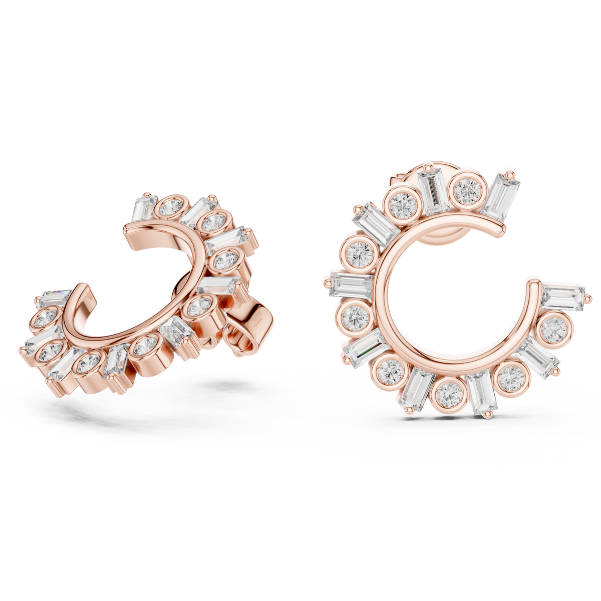 step-cut baguette diamonds and round brilliant-cut diamonds  mosaic crescent hoop earrings