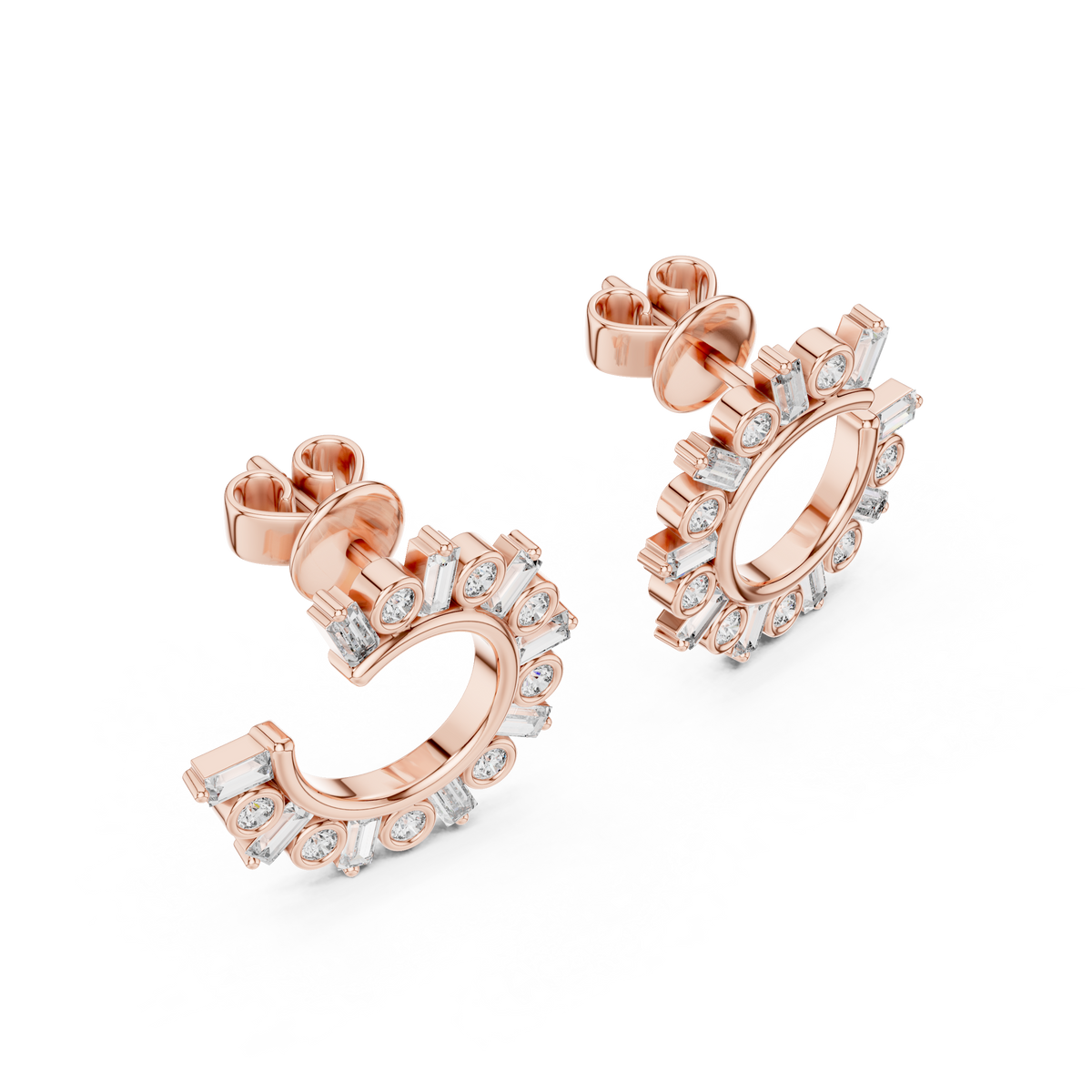 step-cut baguette diamonds and round brilliant-cut diamonds  mosaic crescent hoop earrings