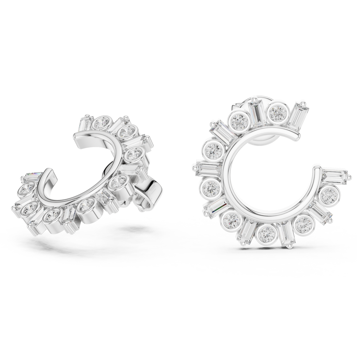 step-cut baguette diamonds and round brilliant-cut diamonds  mosaic crescent hoop earrings
