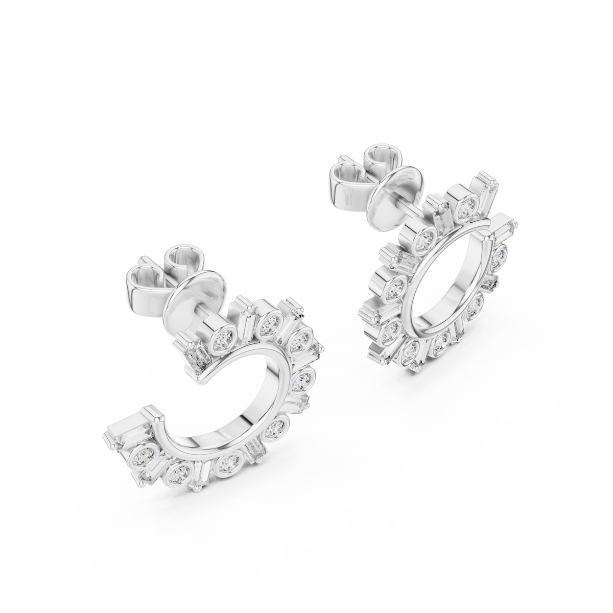 step-cut baguette diamonds and round brilliant-cut diamonds  mosaic crescent hoop earrings
