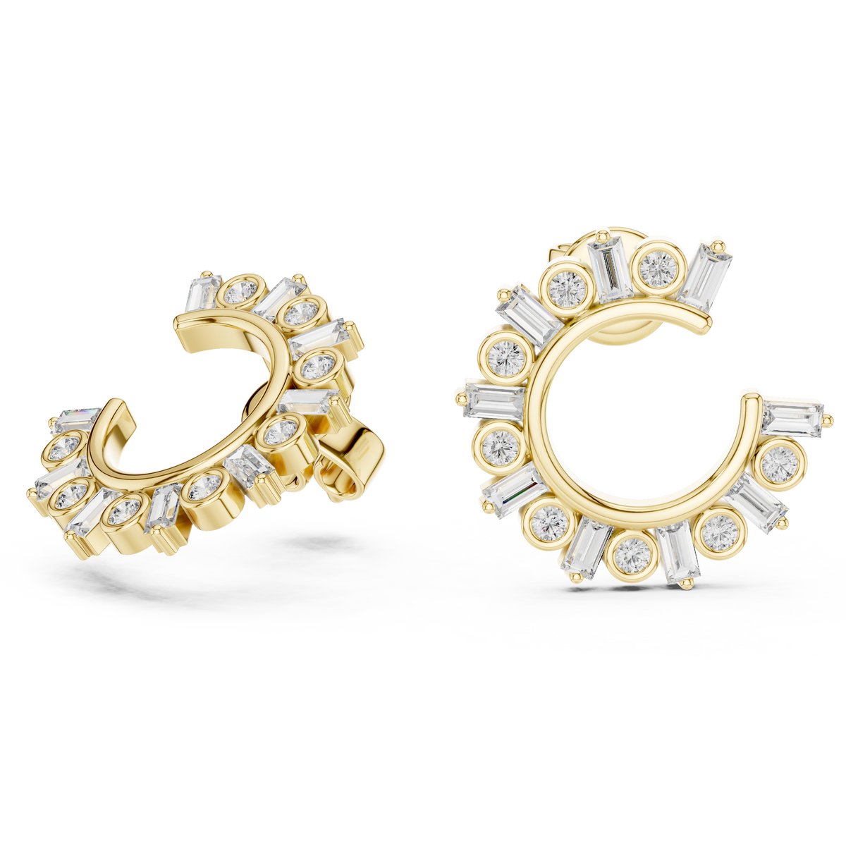 step-cut baguette diamonds and round brilliant-cut diamonds  mosaic crescent hoop earrings