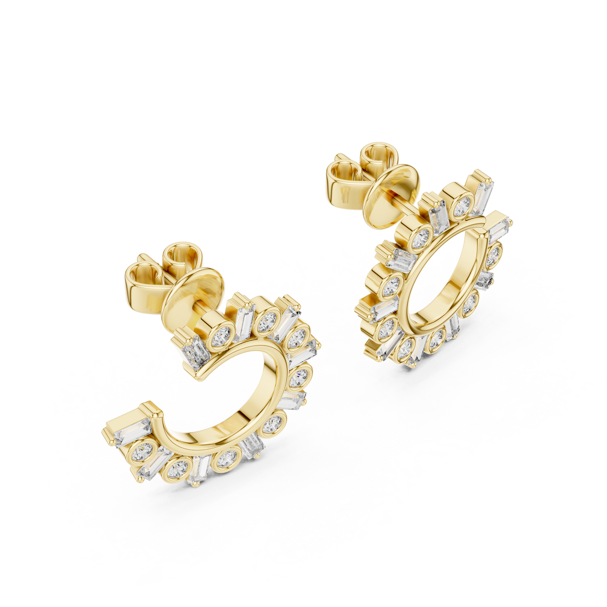 step-cut baguette diamonds and round brilliant-cut diamonds  mosaic crescent hoop earrings