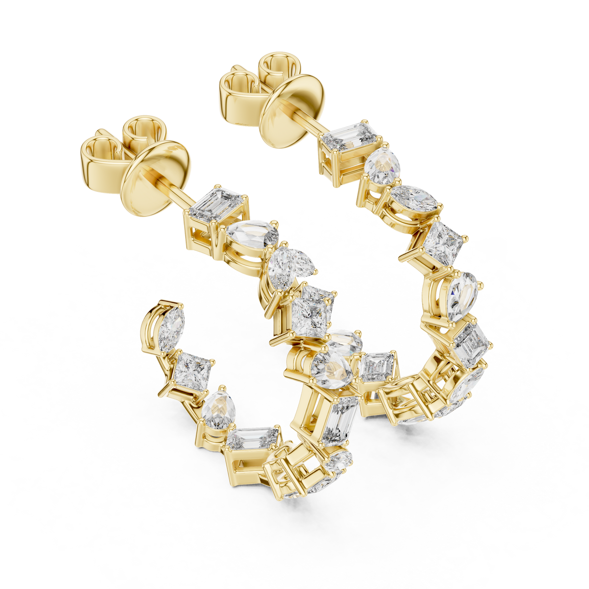 emerald, princess, marquise, pear, and round brilliant diamonds multi-shape diamond open mosaic hoop earrings