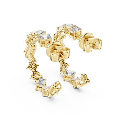 emerald, princess, marquise, pear, and round brilliant diamonds multi-shape diamond open mosaic hoop earrings
