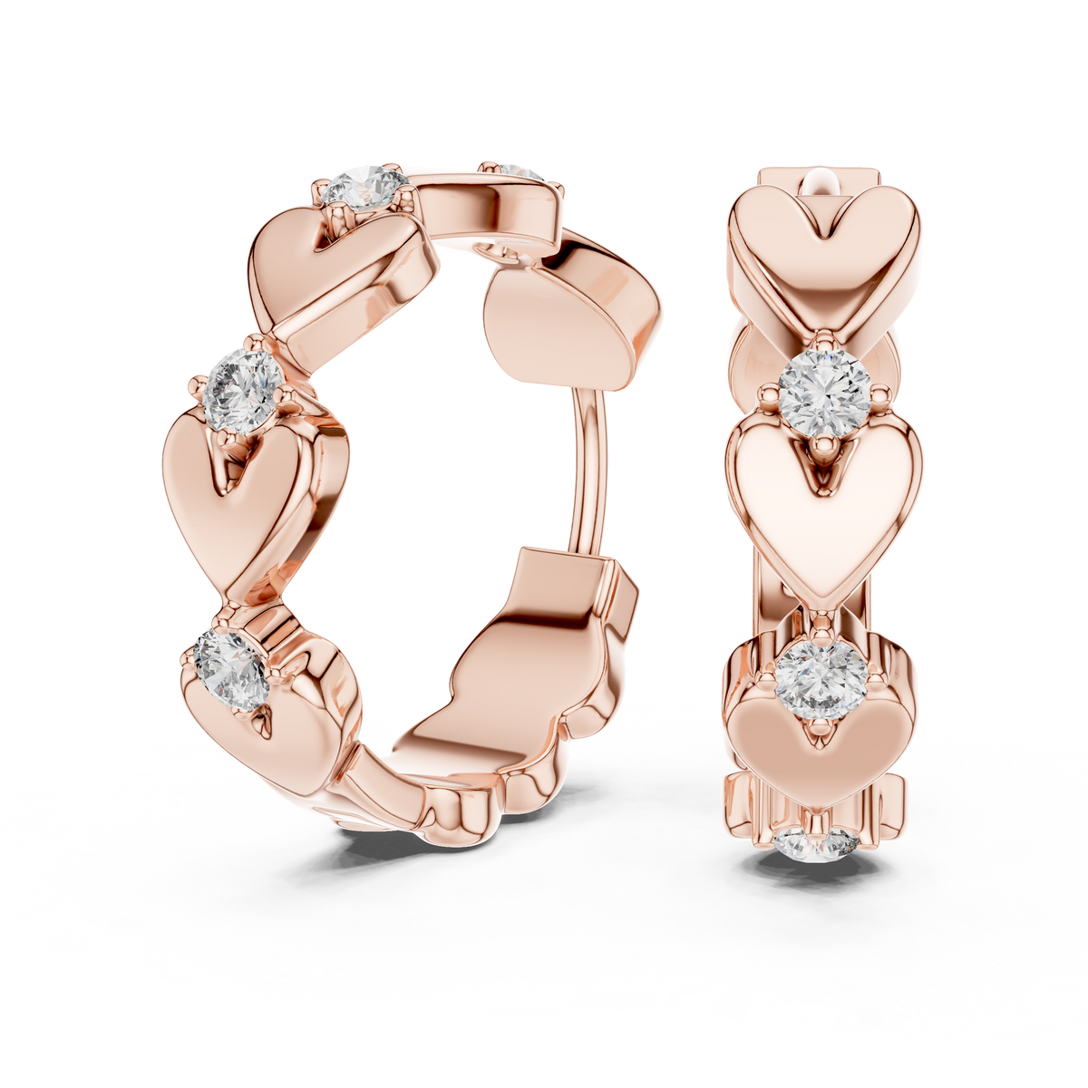 alternating heart and round-cut diamond huggie hoop earrings