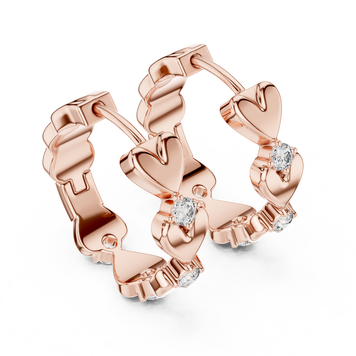 alternating heart and round-cut diamond huggie hoop earrings