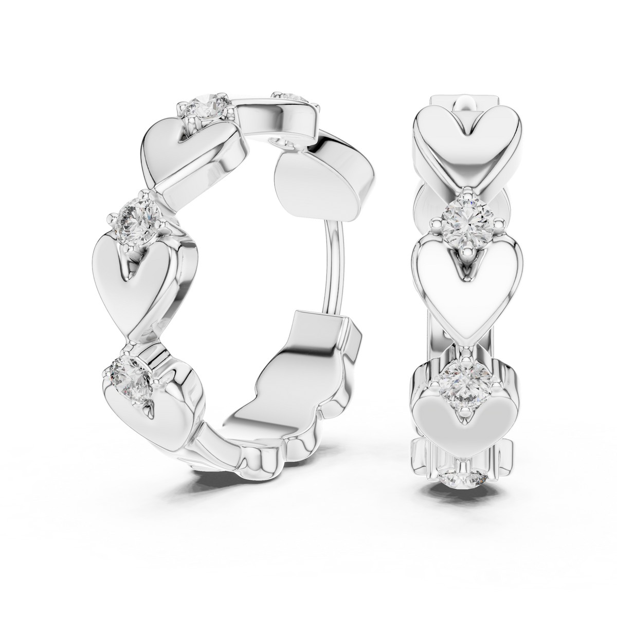 alternating heart and round-cut diamond huggie hoop earrings