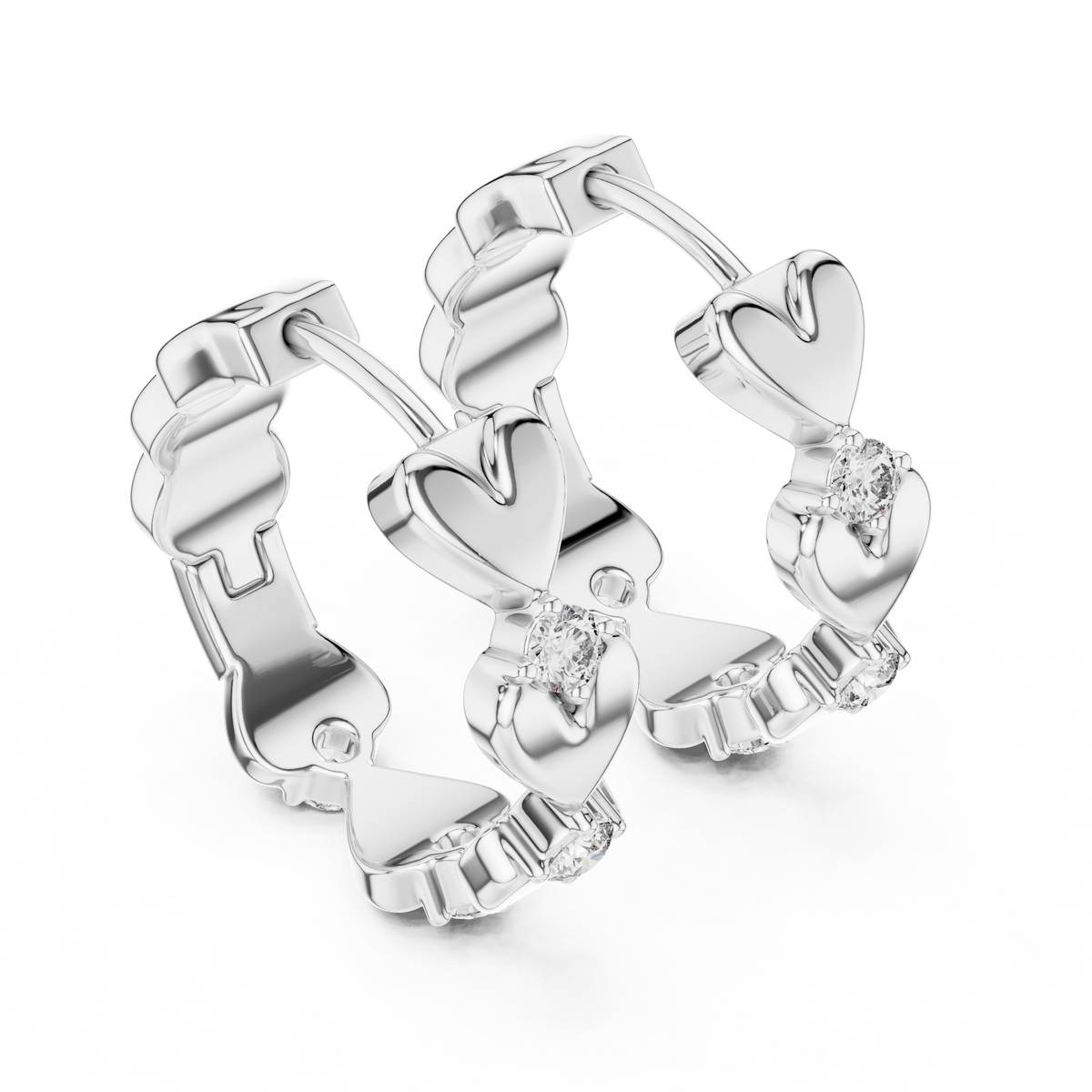 alternating heart and round-cut diamond huggie hoop earrings