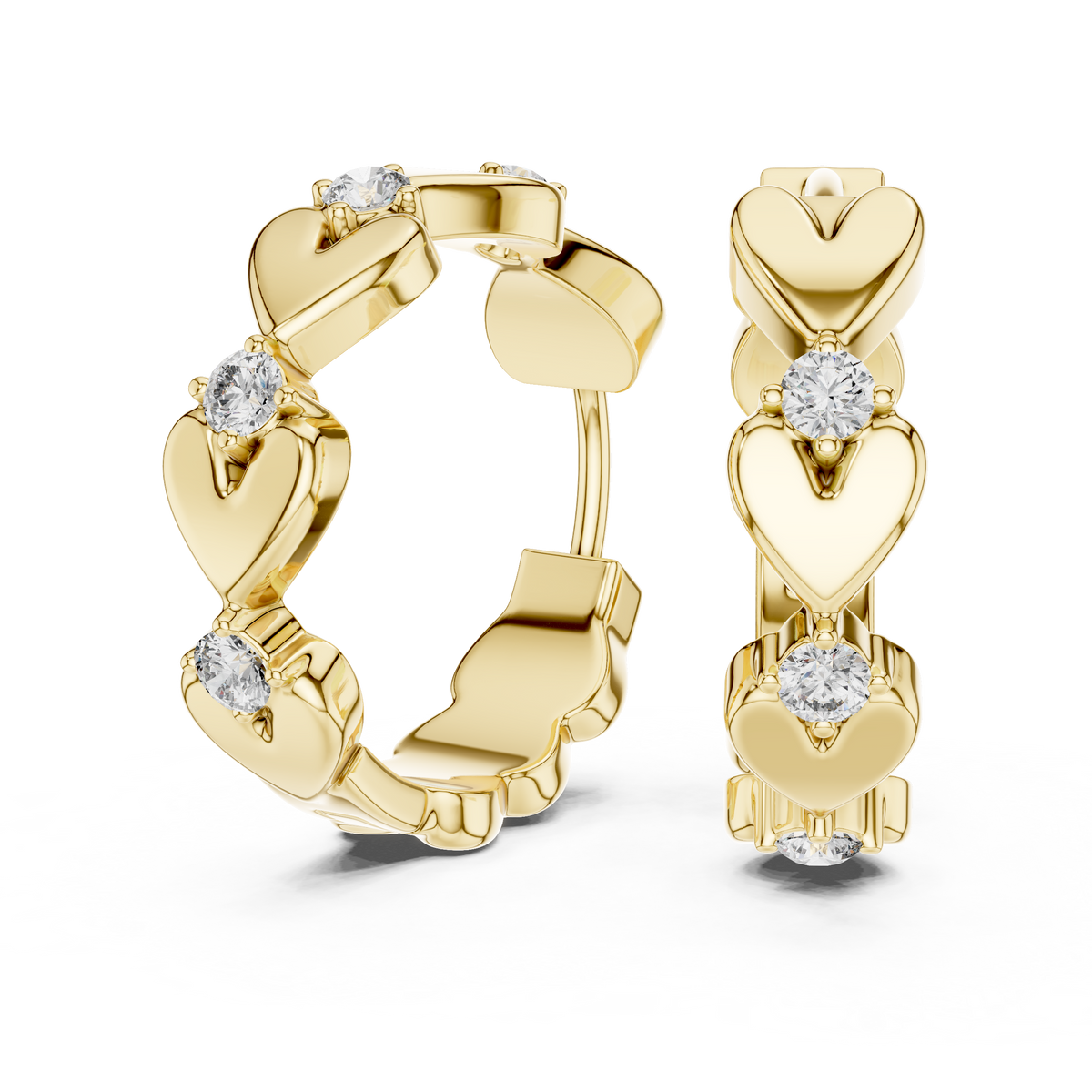 alternating heart and round-cut diamond huggie hoop earrings