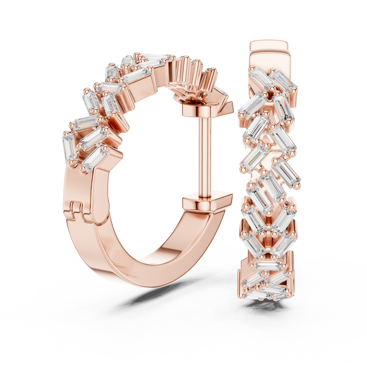 staggered zigzag baguette diamond huggie hoop earrings