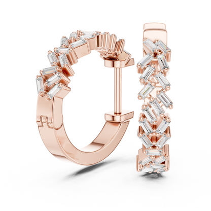 staggered zigzag baguette diamond huggie hoop earrings