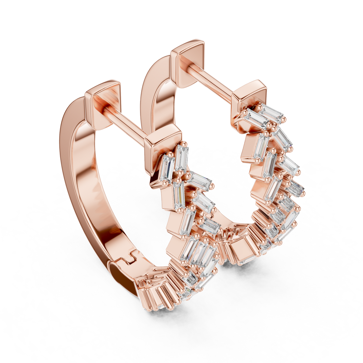 staggered zigzag baguette diamond huggie hoop earrings