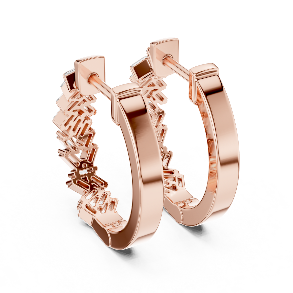 staggered zigzag baguette diamond huggie hoop earrings
