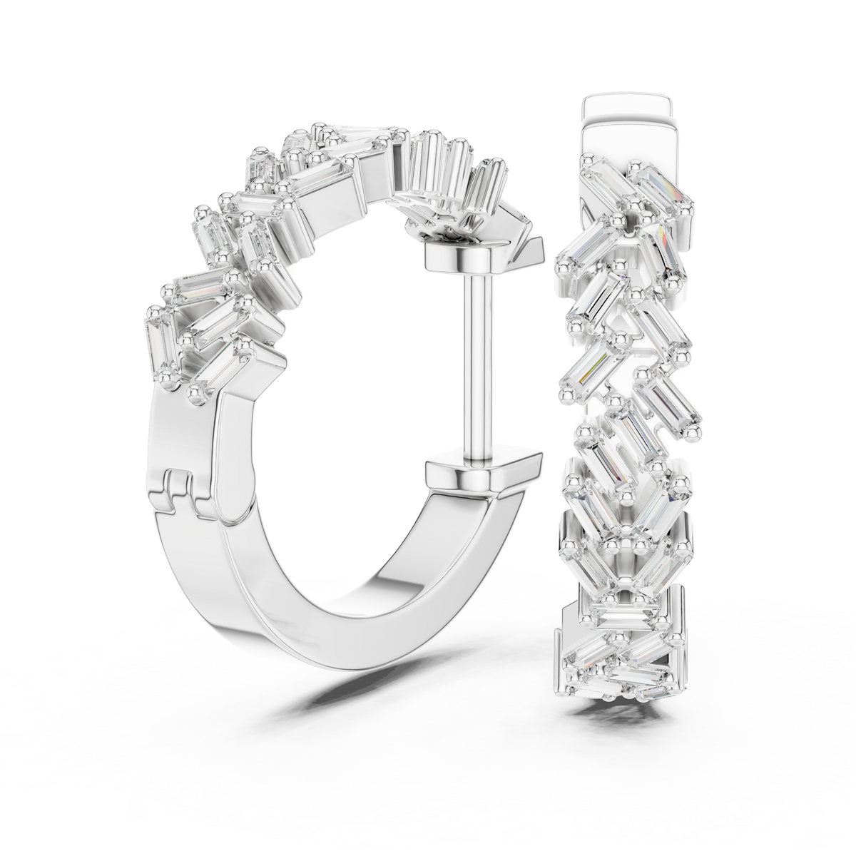 staggered zigzag baguette diamond huggie hoop earrings