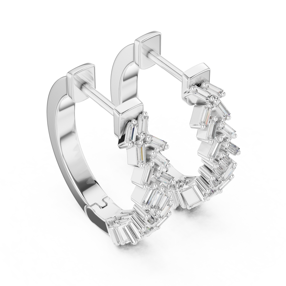 staggered zigzag baguette diamond huggie hoop earrings