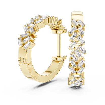 staggered zigzag baguette diamond huggie hoop earrings