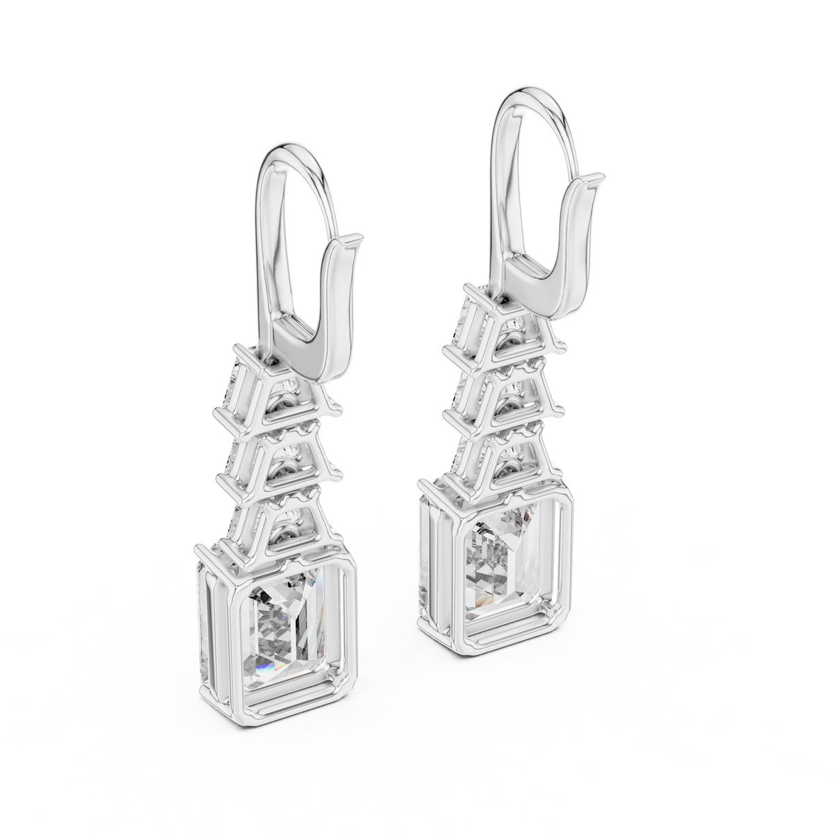 graduated geometric emerald and trapezoid-cut diamond drop earrings