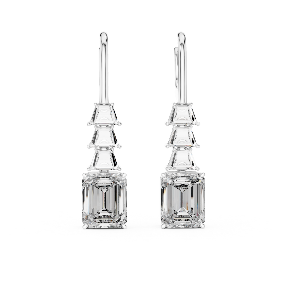 graduated geometric emerald and trapezoid-cut diamond drop earrings