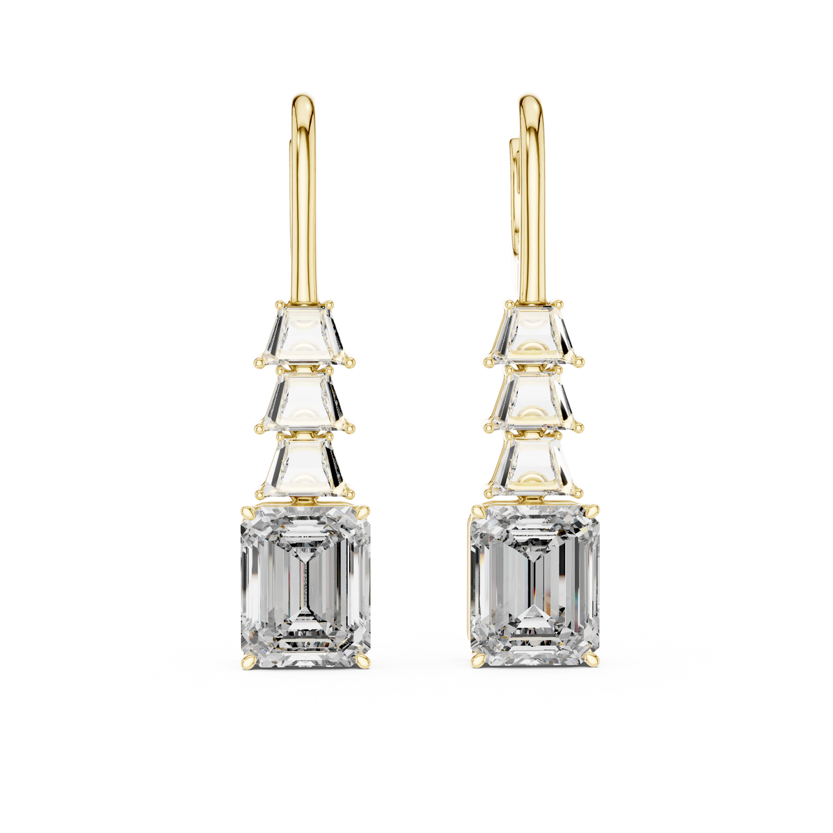 graduated geometric emerald and trapezoid-cut diamond drop earrings