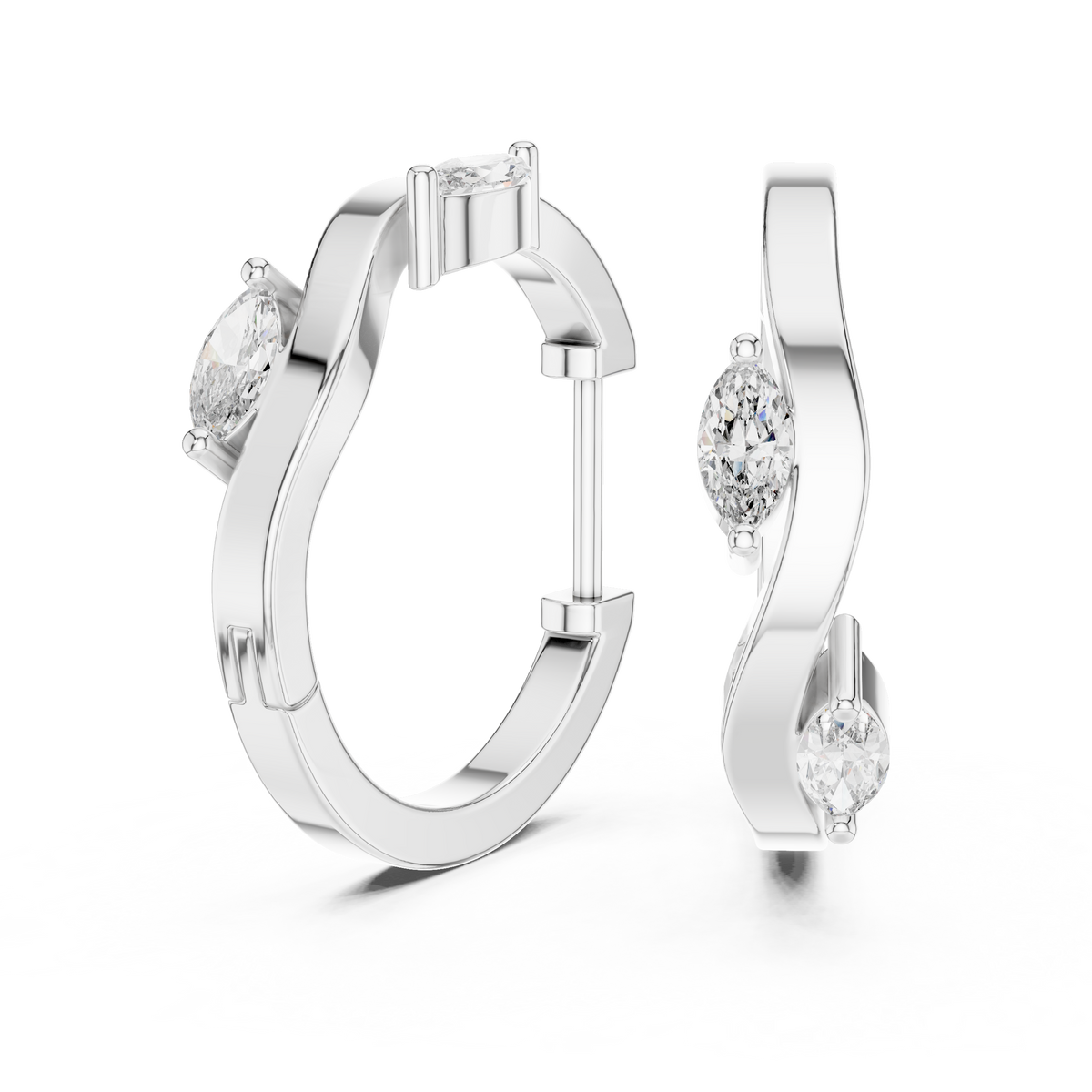 asymmetrical marquise diamond wavy huggie hoop earrings