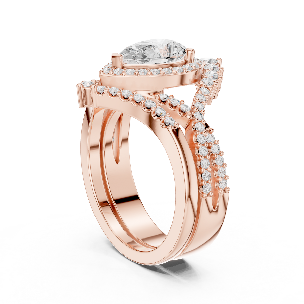 pear shaped halo twisted engagement ring