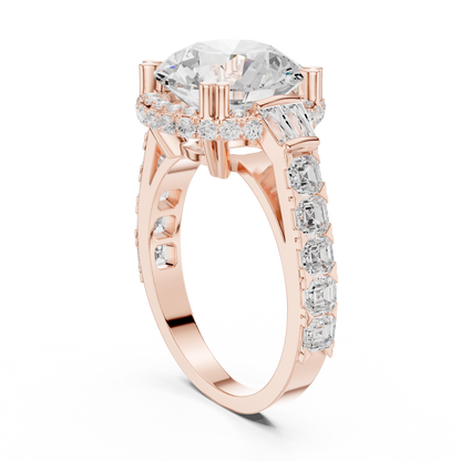 Round Cut with Tapered Baguette And Asscher Diamond Engagement Ring
