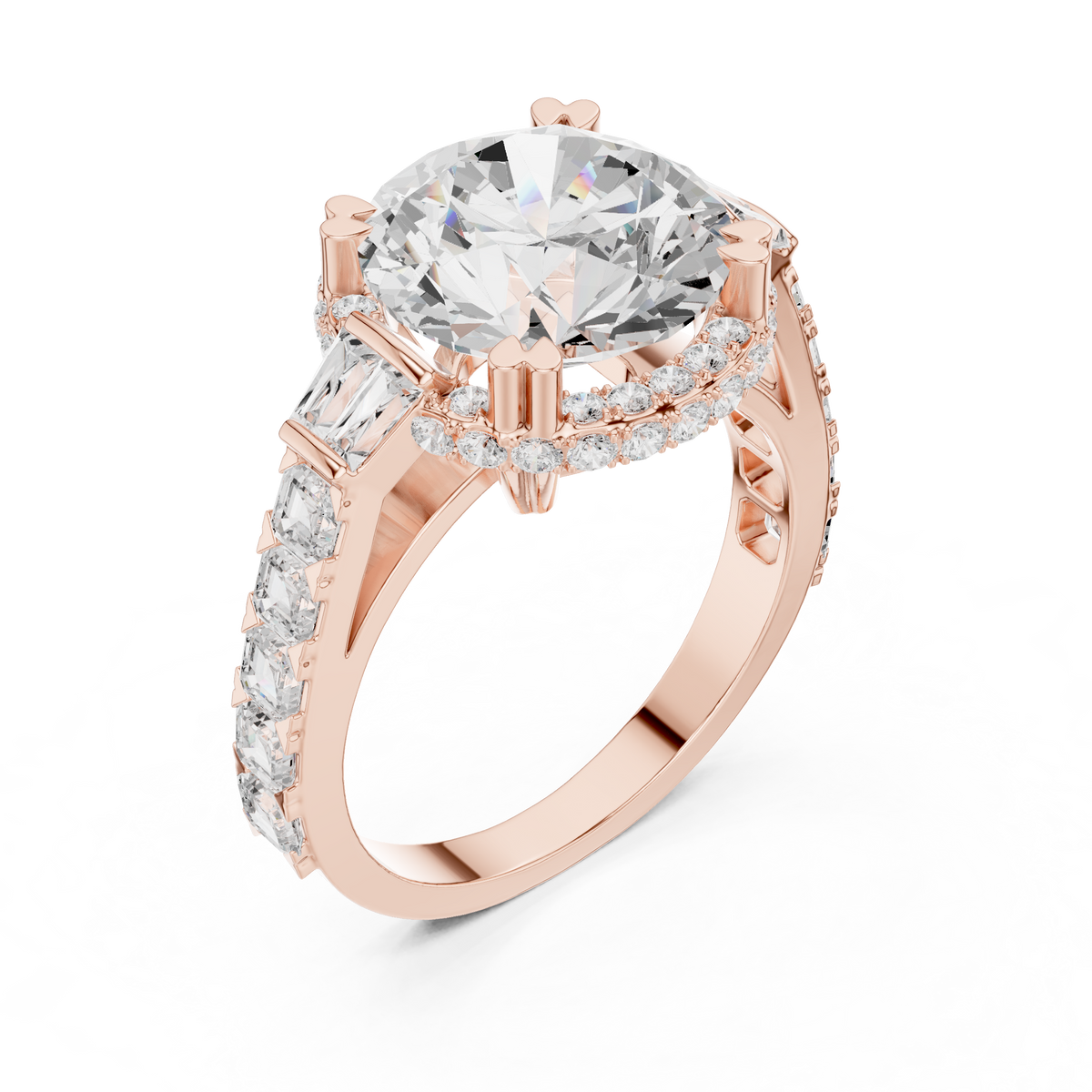 round cut with tapered baguette and asscher diamond engagement ring