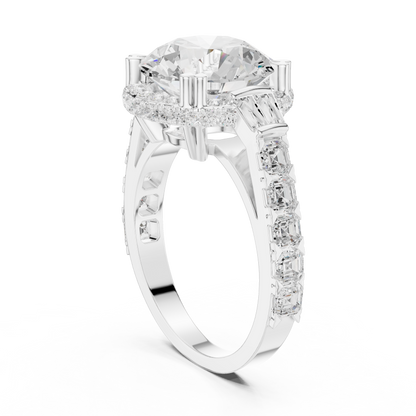 Round Cut with Tapered Baguette And Asscher Diamond Engagement Ring