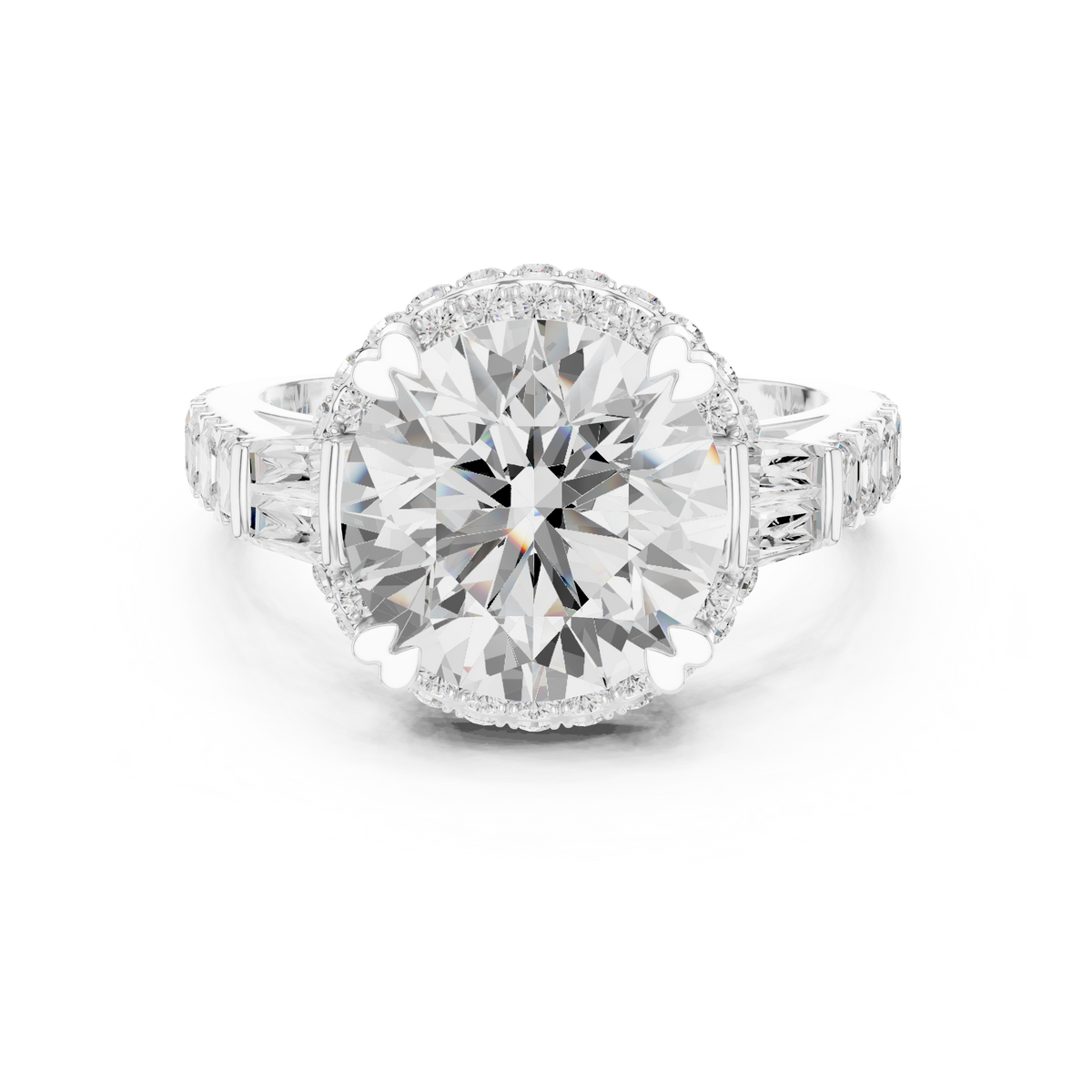 round cut with tapered baguette and asscher diamond engagement ring