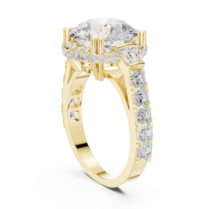 Round Cut with Tapered Baguette And Asscher Diamond Engagement Ring