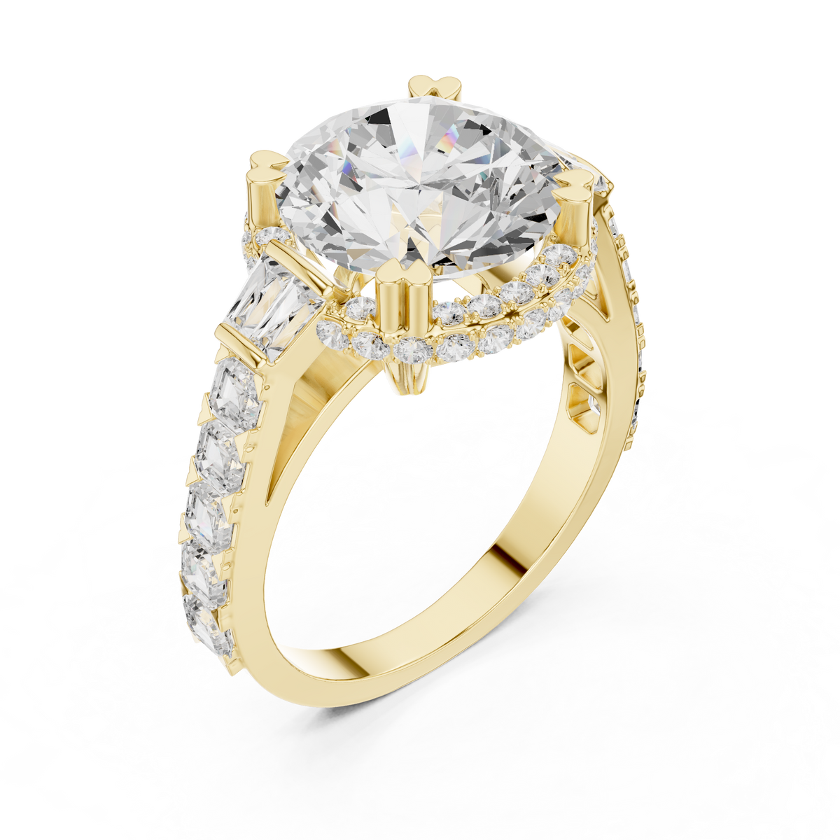 round cut with tapered baguette and asscher diamond engagement ring