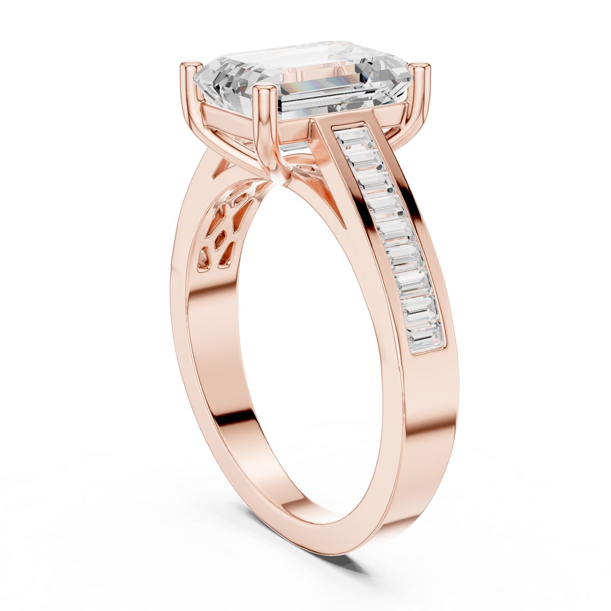 emerald cut engagement ring with channel set baguette diamond