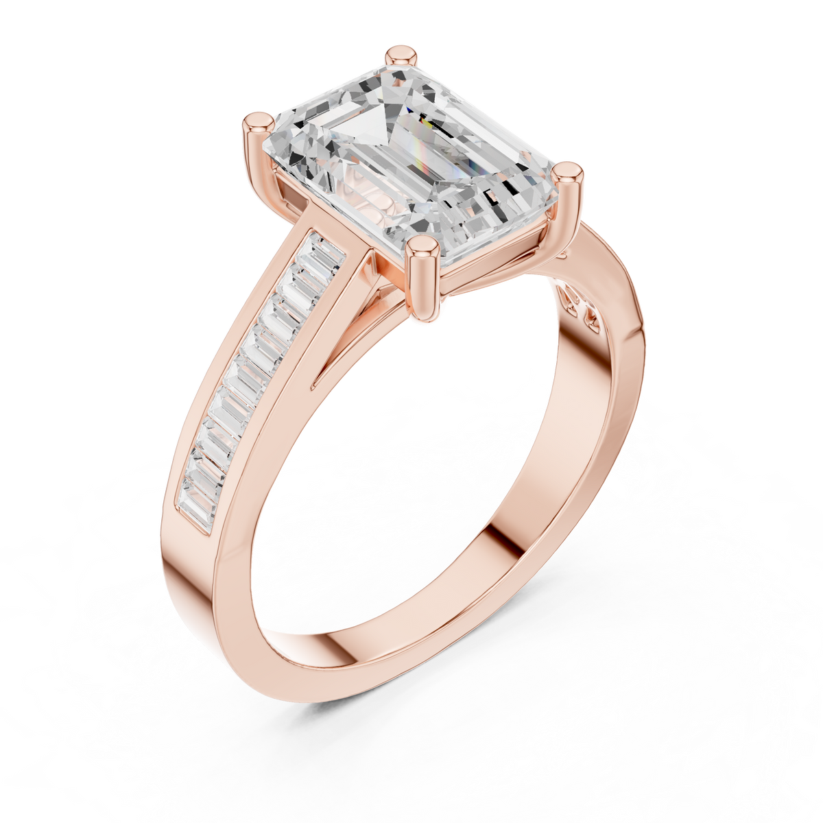 emerald cut engagement ring with channel set baguette diamond