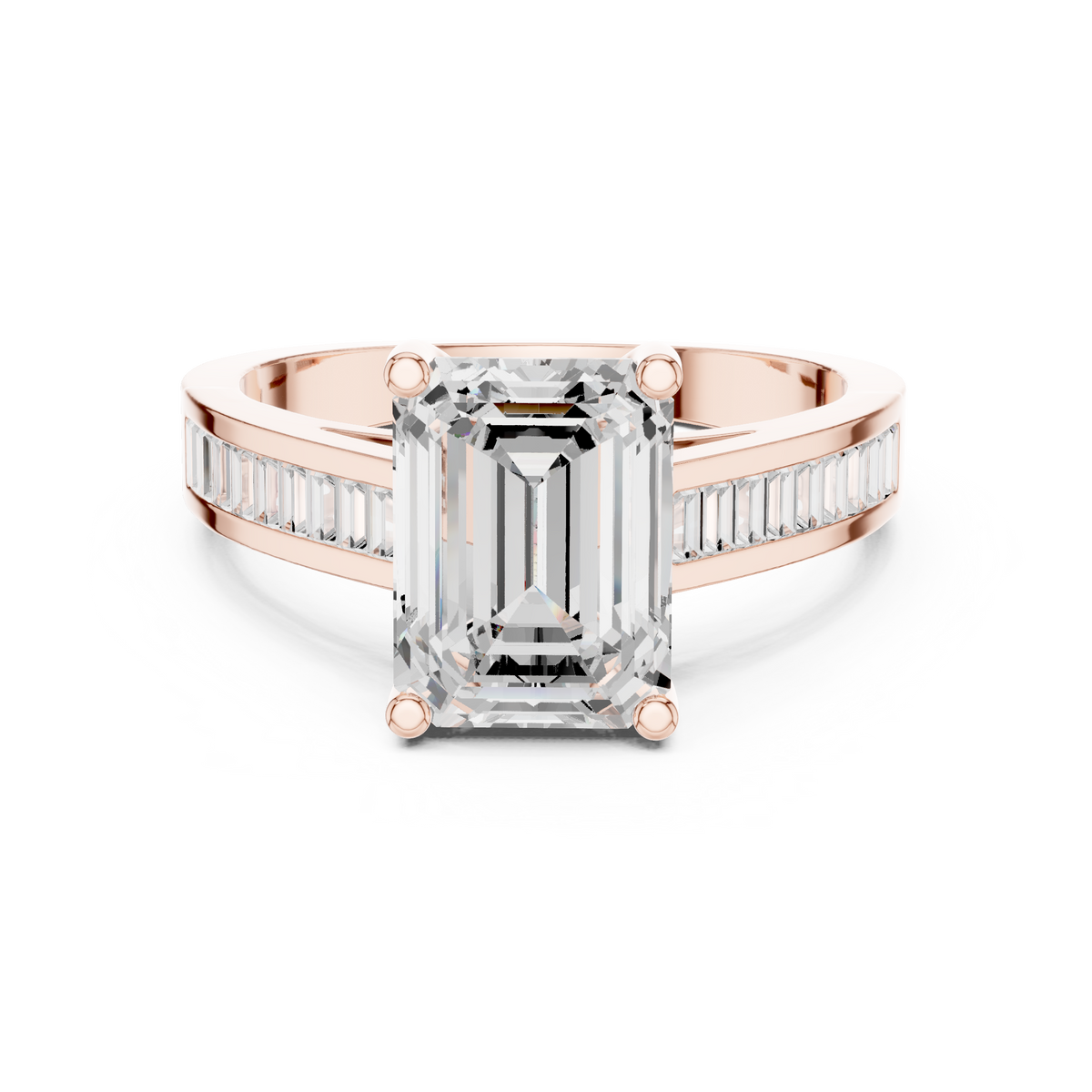 emerald cut engagement ring with channel set baguette diamond