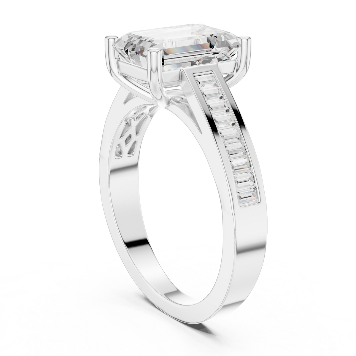 emerald cut engagement ring with channel set baguette diamond
