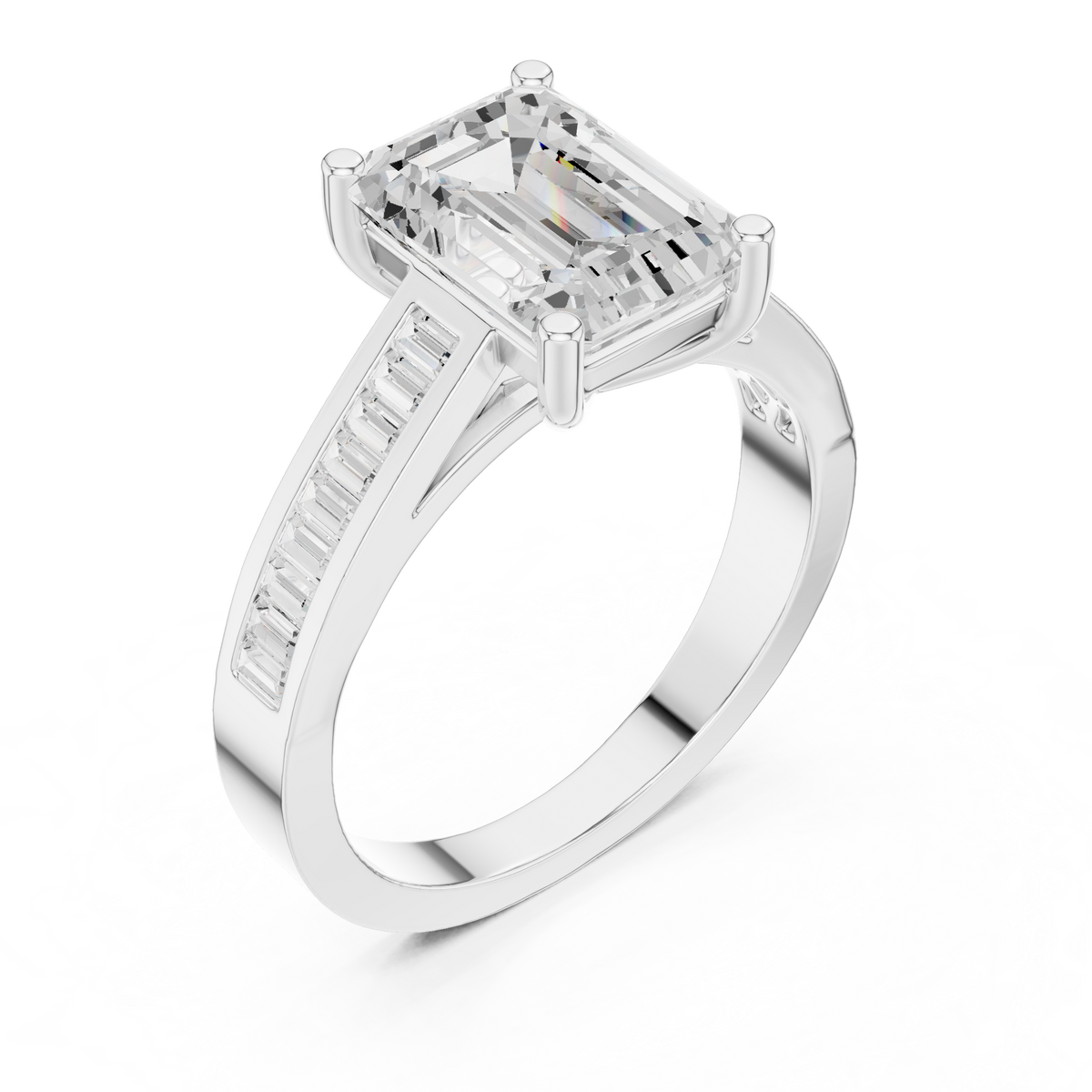 emerald cut engagement ring with channel set baguette diamond