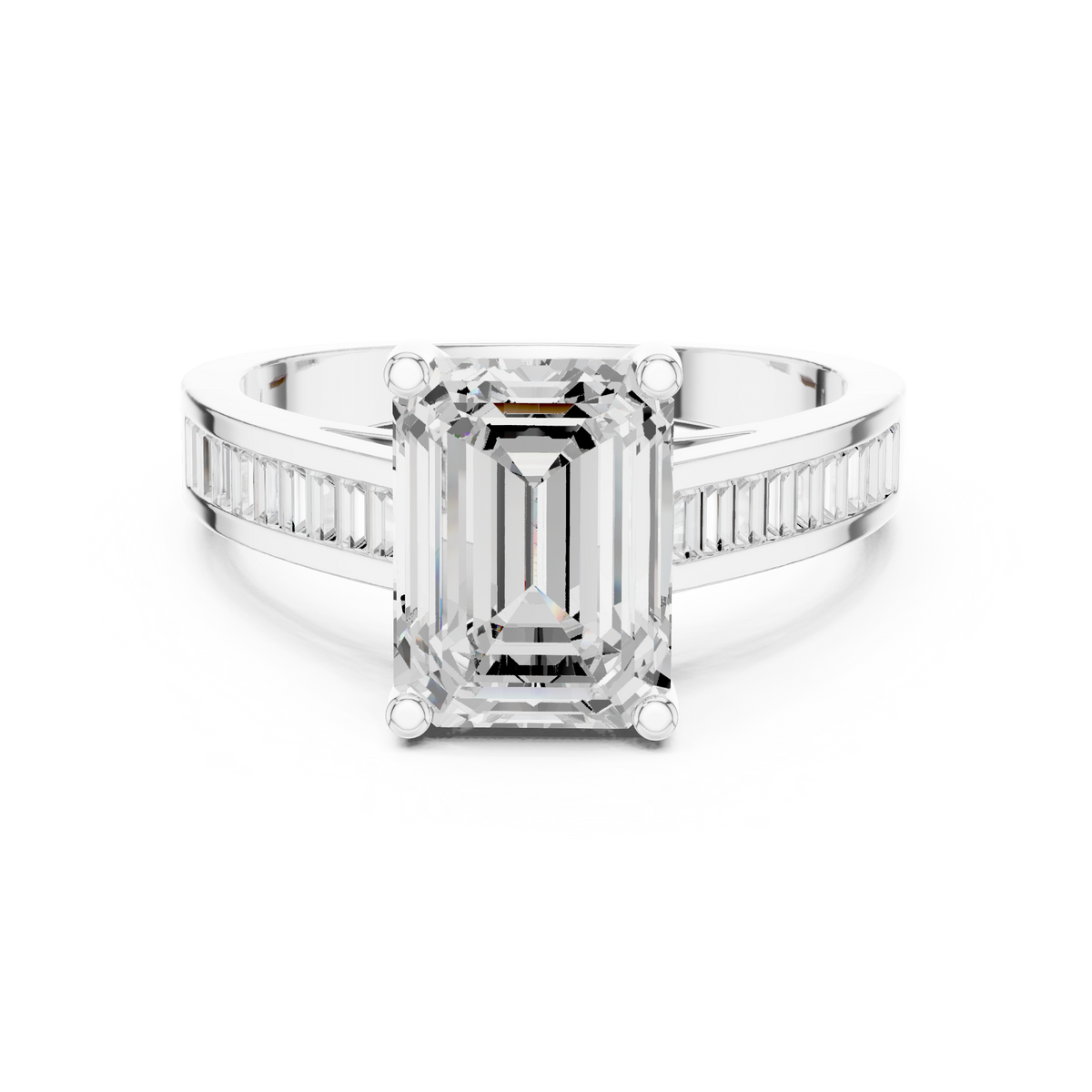 emerald cut engagement ring with channel set baguette diamond