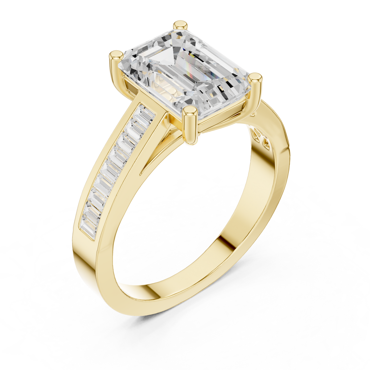 emerald cut engagement ring with channel set baguette diamond