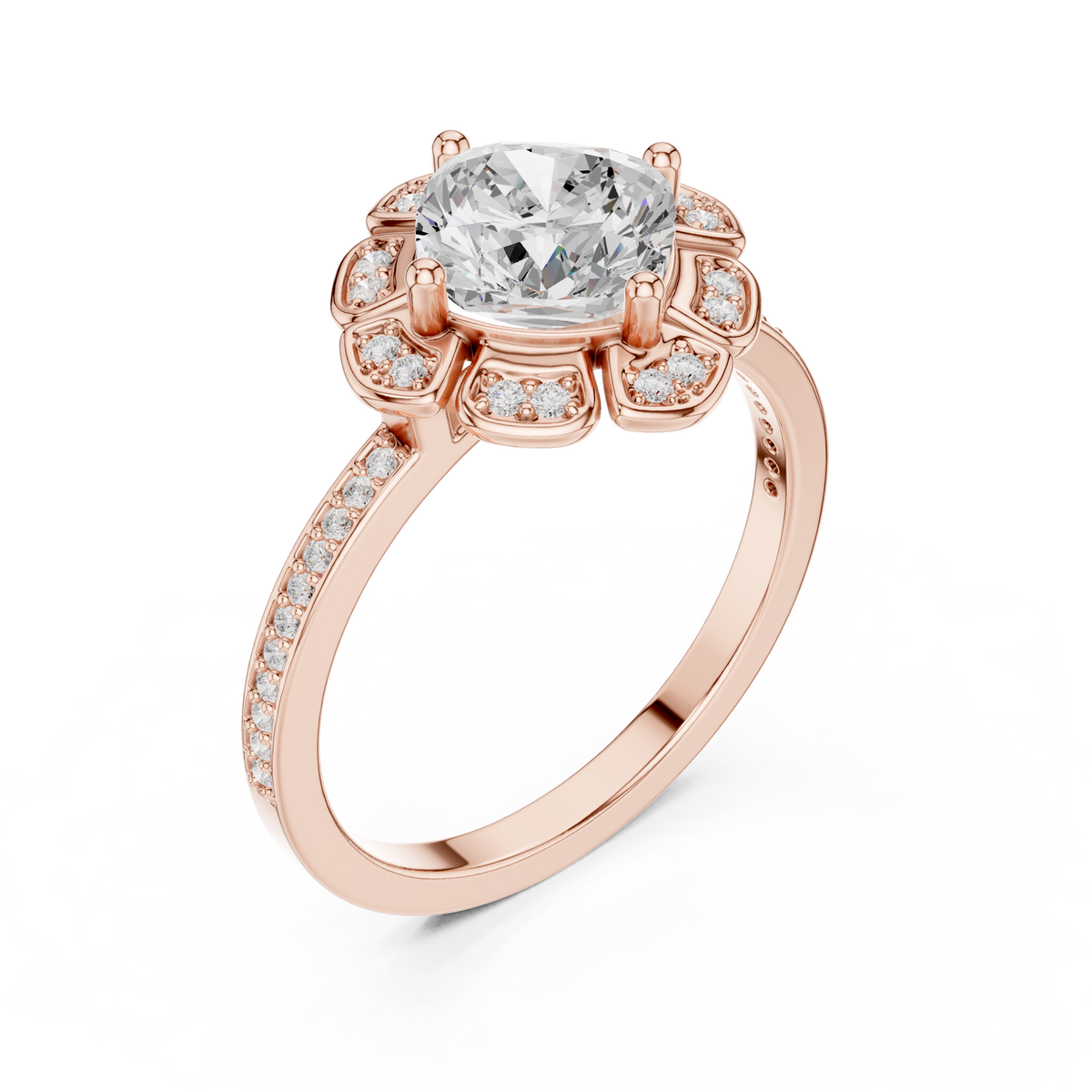 cushion cut floral engagement ring