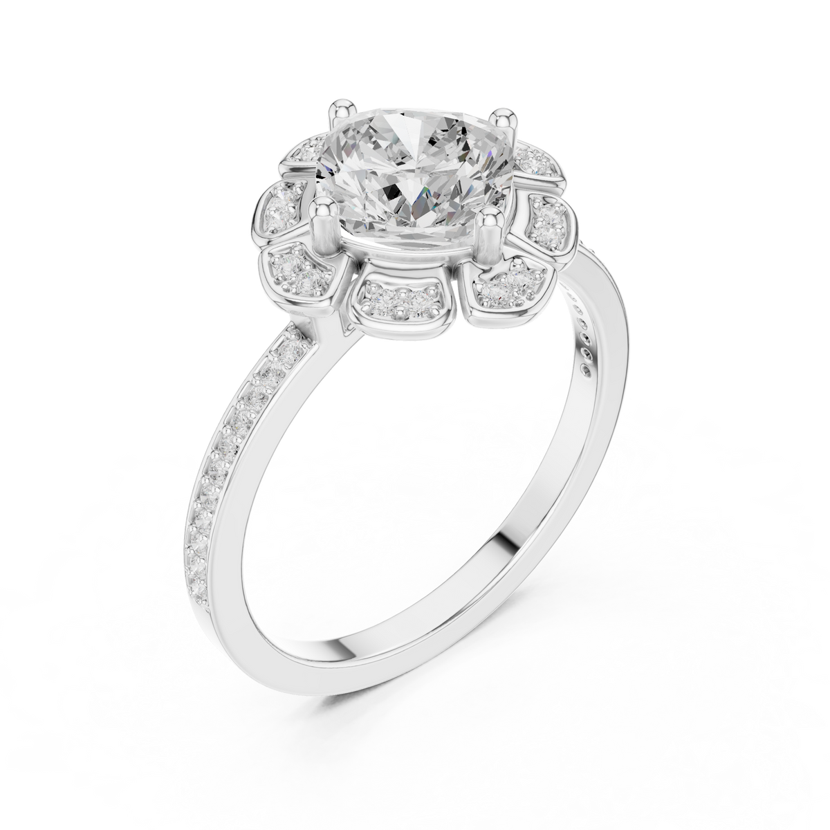 cushion cut floral engagement ring